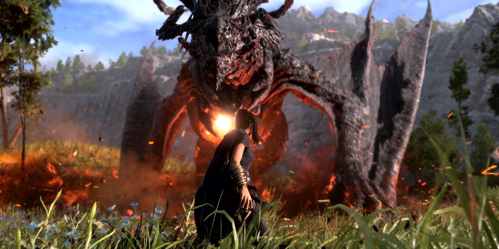 Forspoken's Frey facing a huge dragon in a field.