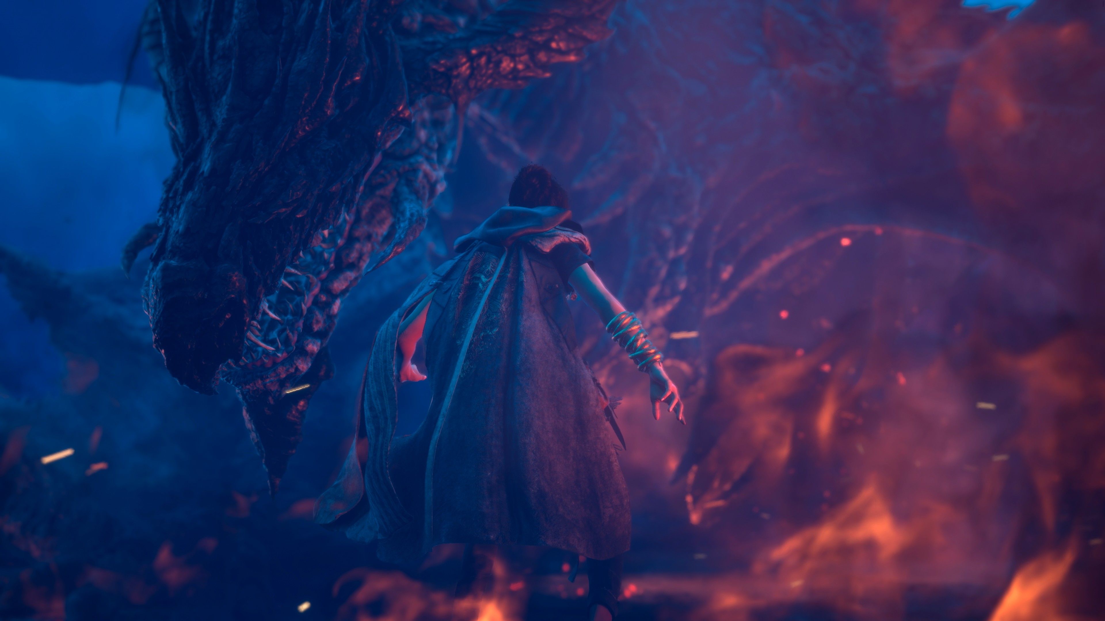 Forspoken's Frey facing a large dragon.