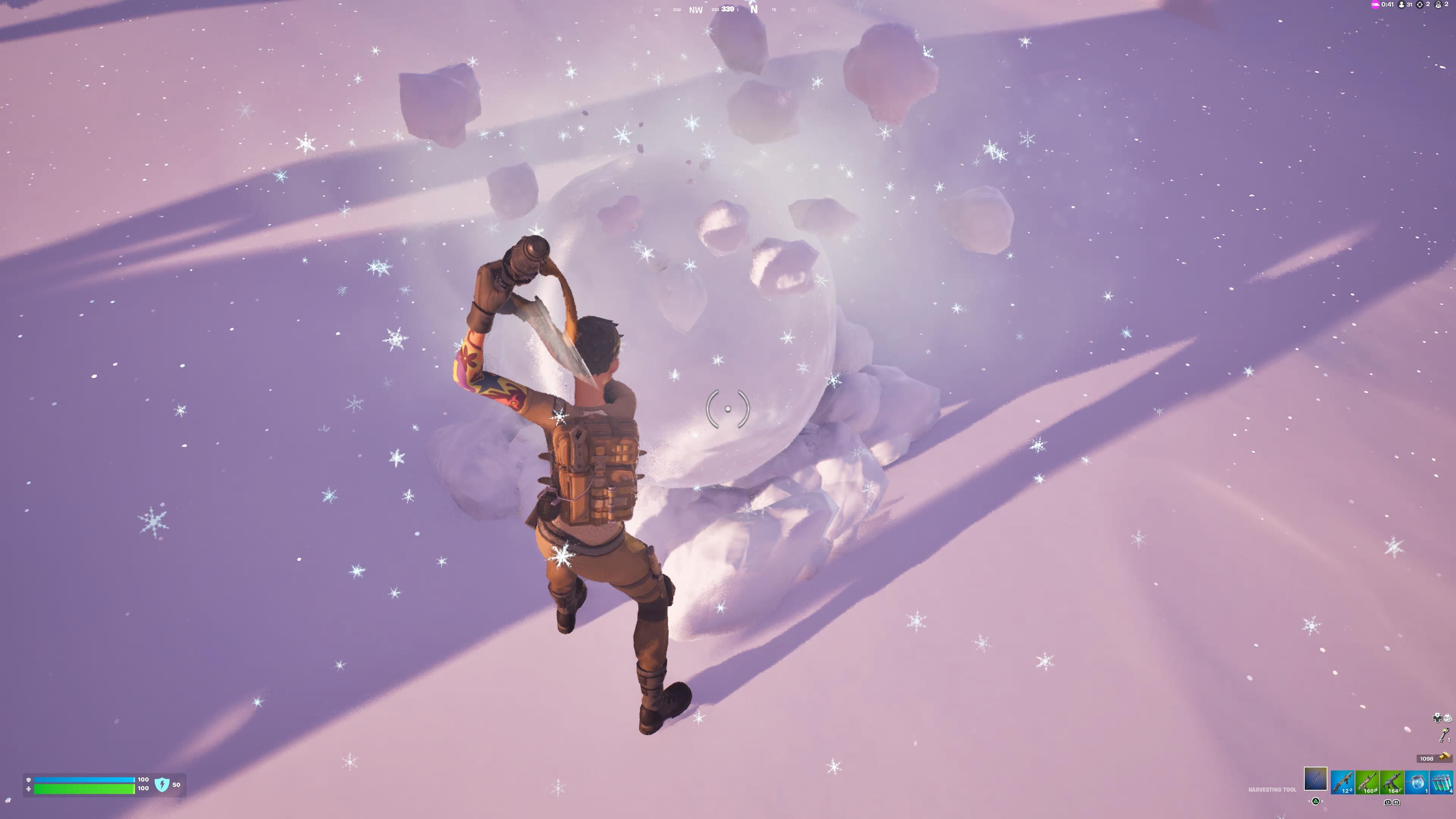 Fortnite Chapter 4 Season 1 Players Hitting Snow With Harvesting Tool To Build Giant Snowball