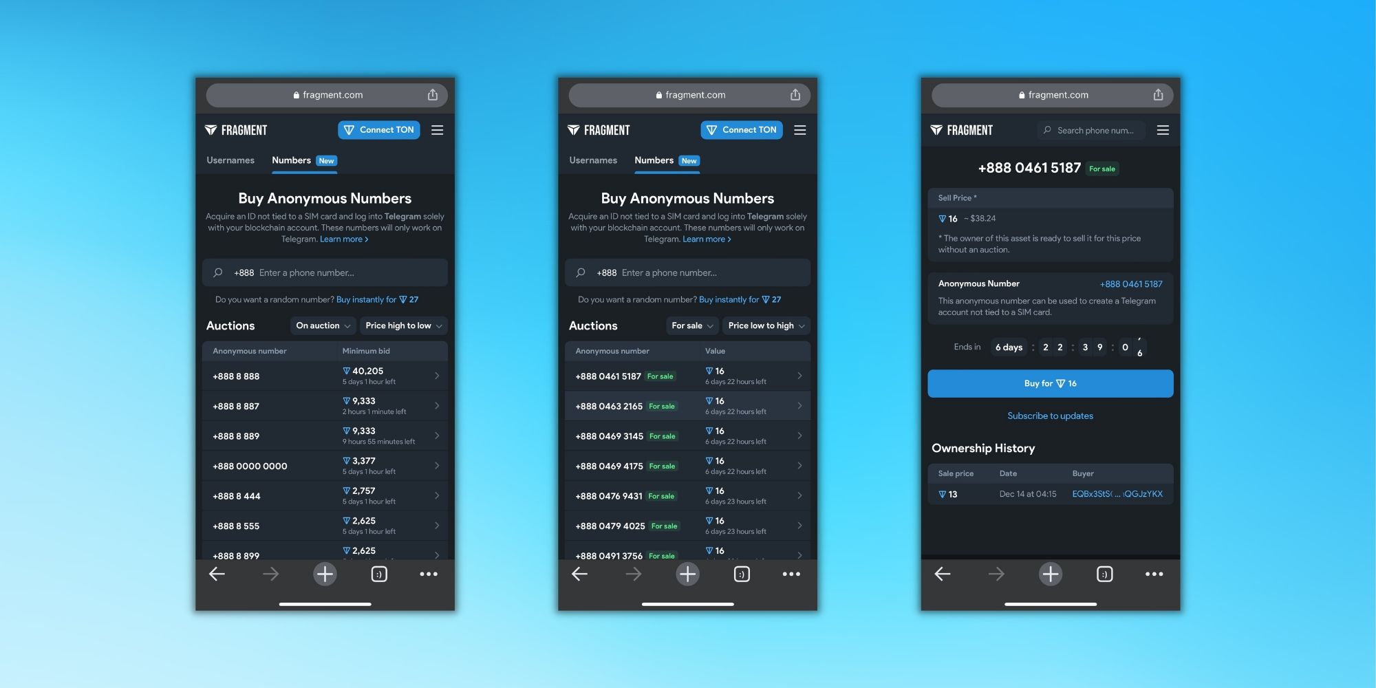 Three screenshots of the fragment website over a blue gradient background