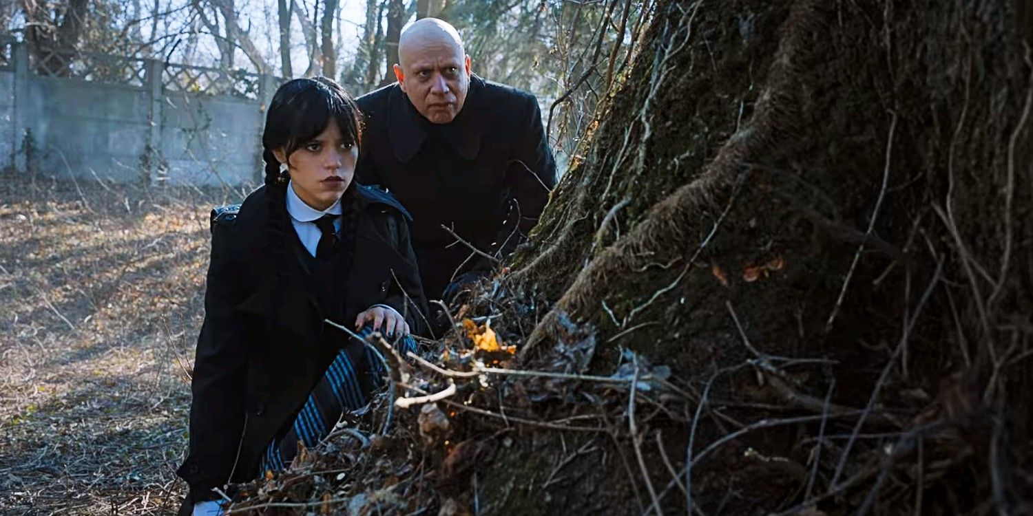 full body of a Wednesday Addams (Jenna Ortega) and uncle Fester (Fred  Armisen) - Playground