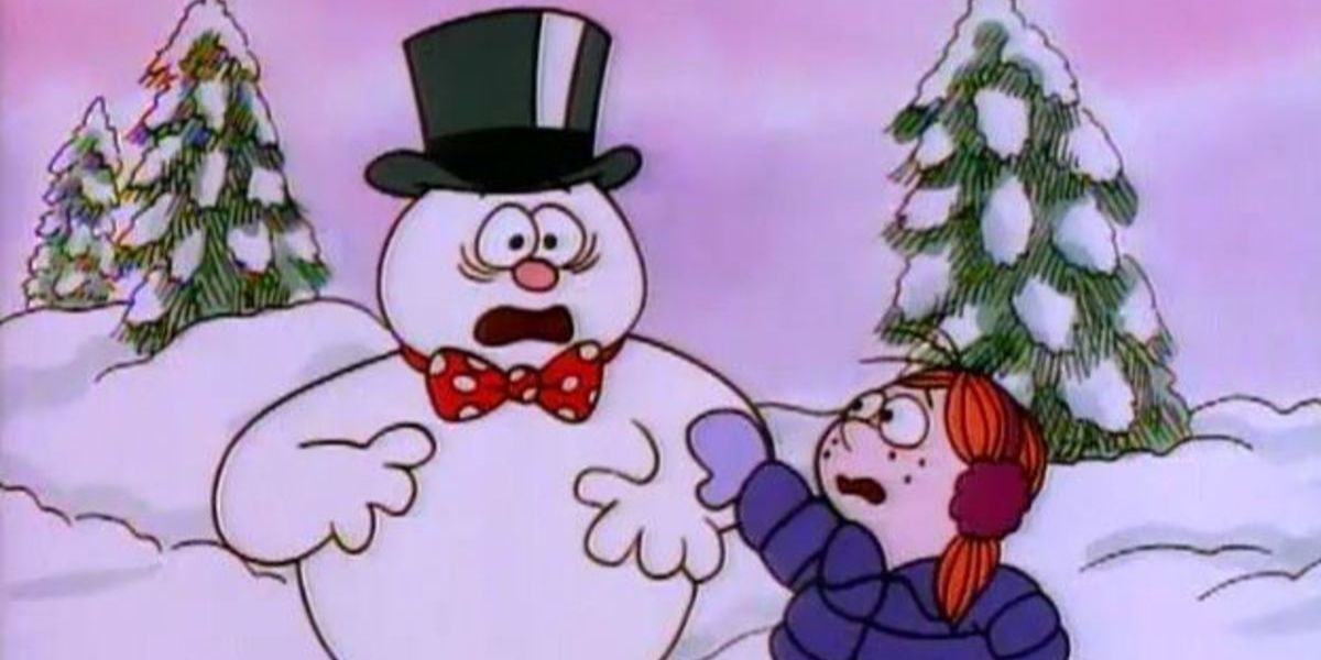gelado o boneco de neve assustado com uma jovem em retornos gelados