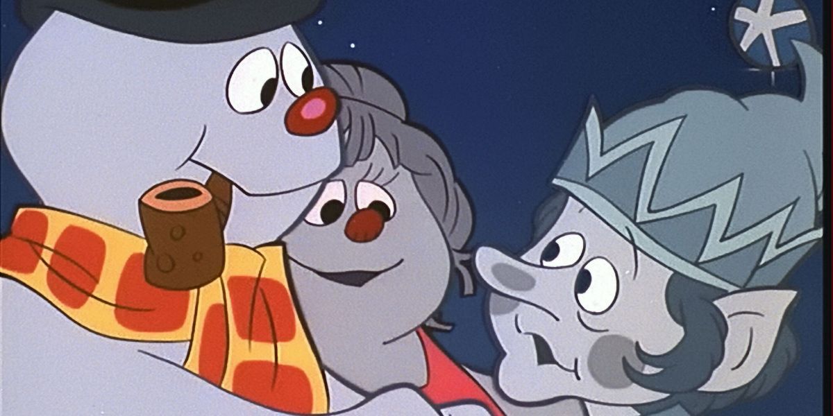 Frosty, o boneco de neve, sua esposa e Jack Frost conversando no país das maravilhas do inverno de Frosty