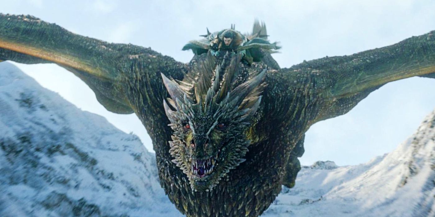 Jon Snow riding a dragon in Game of Thrones.