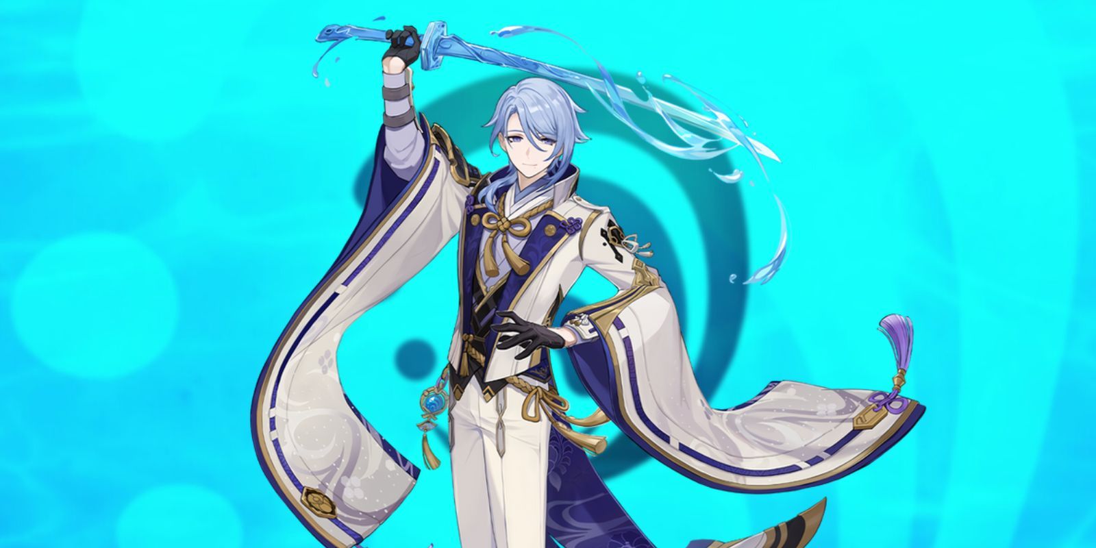 Genshin Impact's Kamisato Ayato holding a sword above his head with a blue, Hydro background.