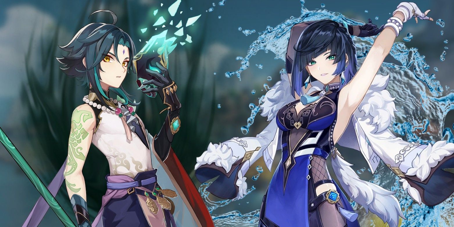 Genshin Impact's Xiao stands to the left with mask in hand and a dark energy behind him. On the right is Yelan, who poses with a water splash effect behind her.