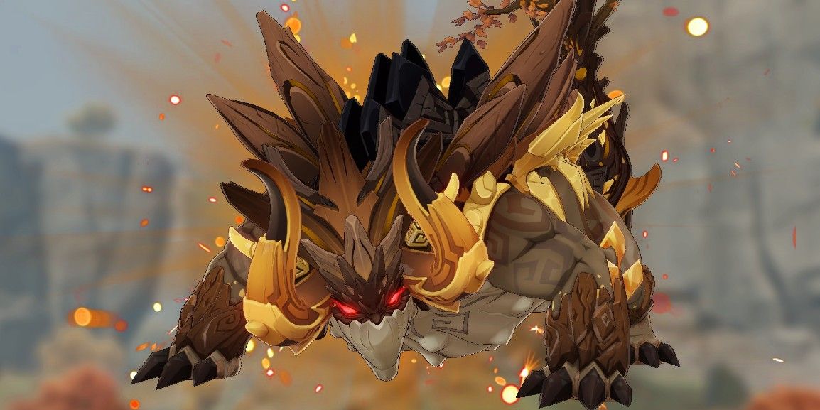 Azhdaha do Genshin Impact posa com uma explosão laranja atrás dele.  No fundo está o Dragon Queller de Liyue.
