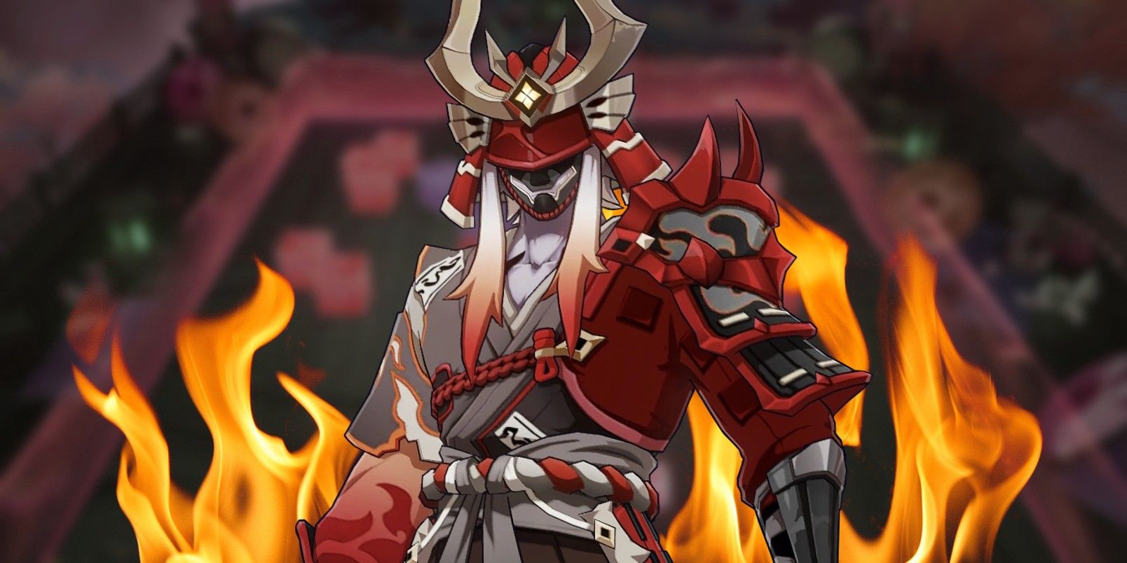 Genshin Impact's Kairagi: Fiery Might stands in front of the Akitsu Yuugei field, with flames directly behind him, representing the Deranged Decrepit Duelist Shatterdark challenge.