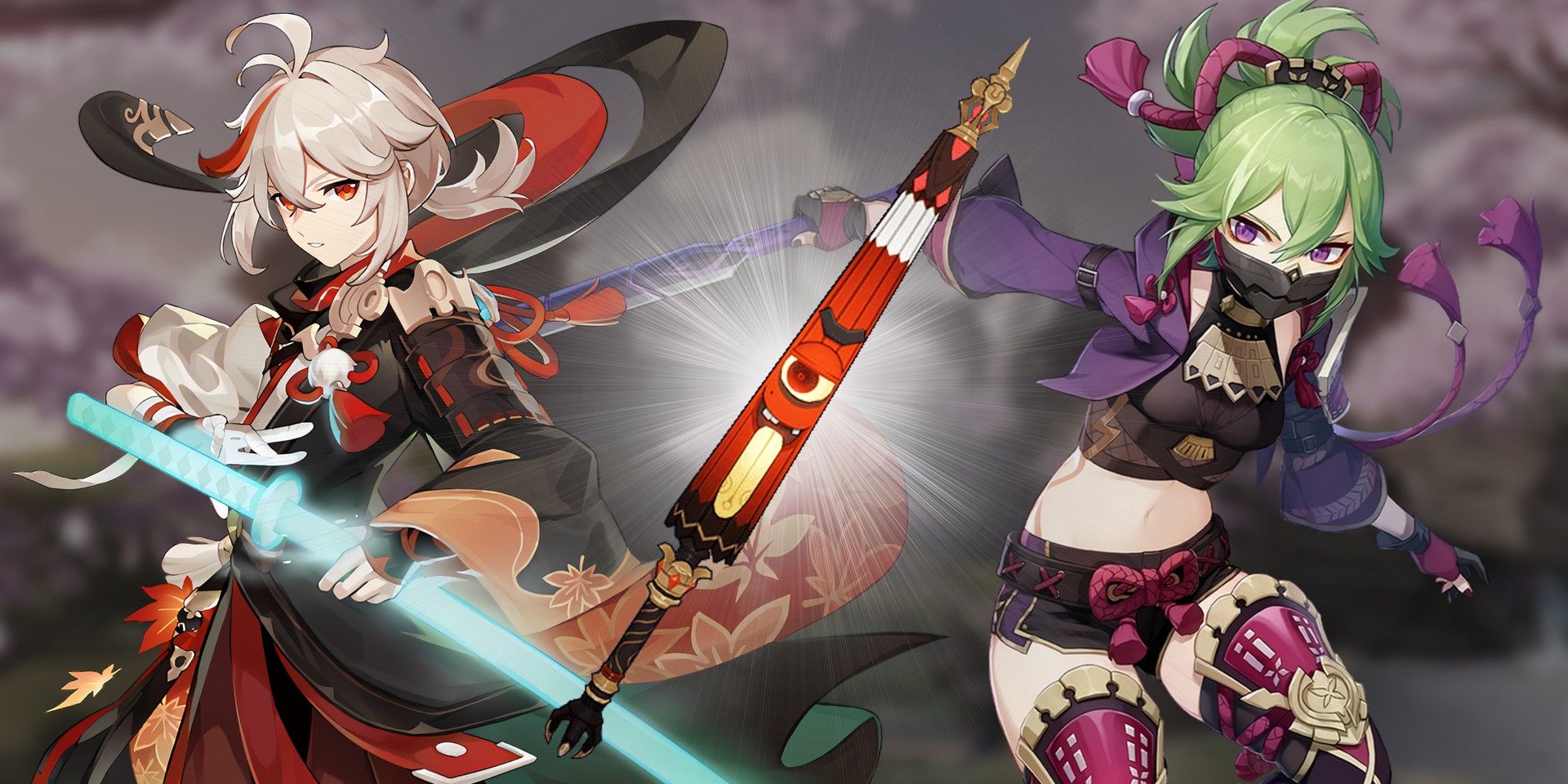 Genshin Impact's Kazuha to the left and Kuki Shinobu to the right; in between them is the new sword Toukabou Shigure, while an Inazuman landscape is blurred out in the background.