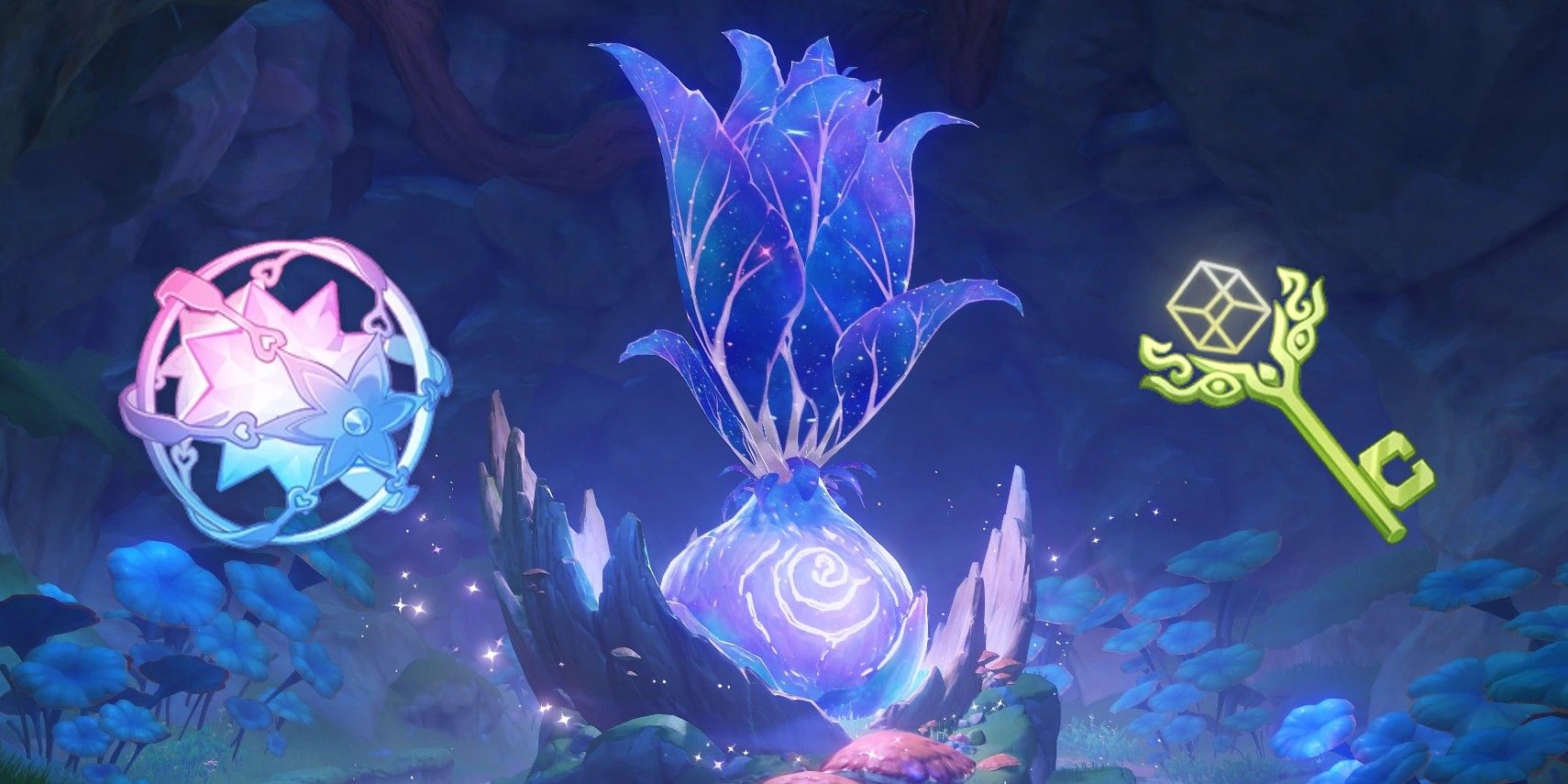 Genshin Impact's Tree of Dreams is in the middle, and on its left is an Intertwined Fate, while a Sumeru Shrine of Depths Key is on the right.