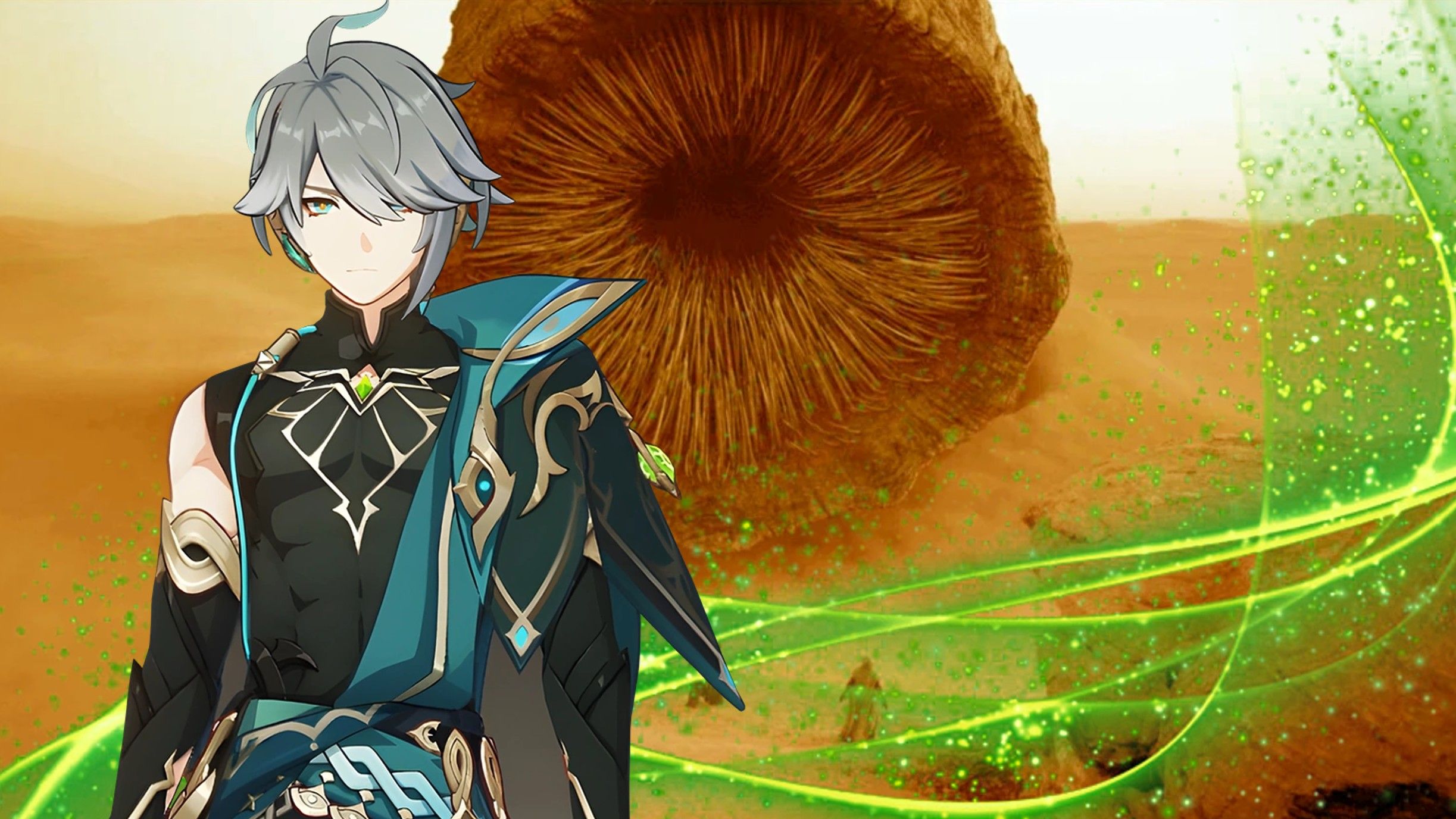 Genshin Impact&rsquo;s Alhaitham stands in front of a sandworm from the Dune movie, with a green light effect behind him.