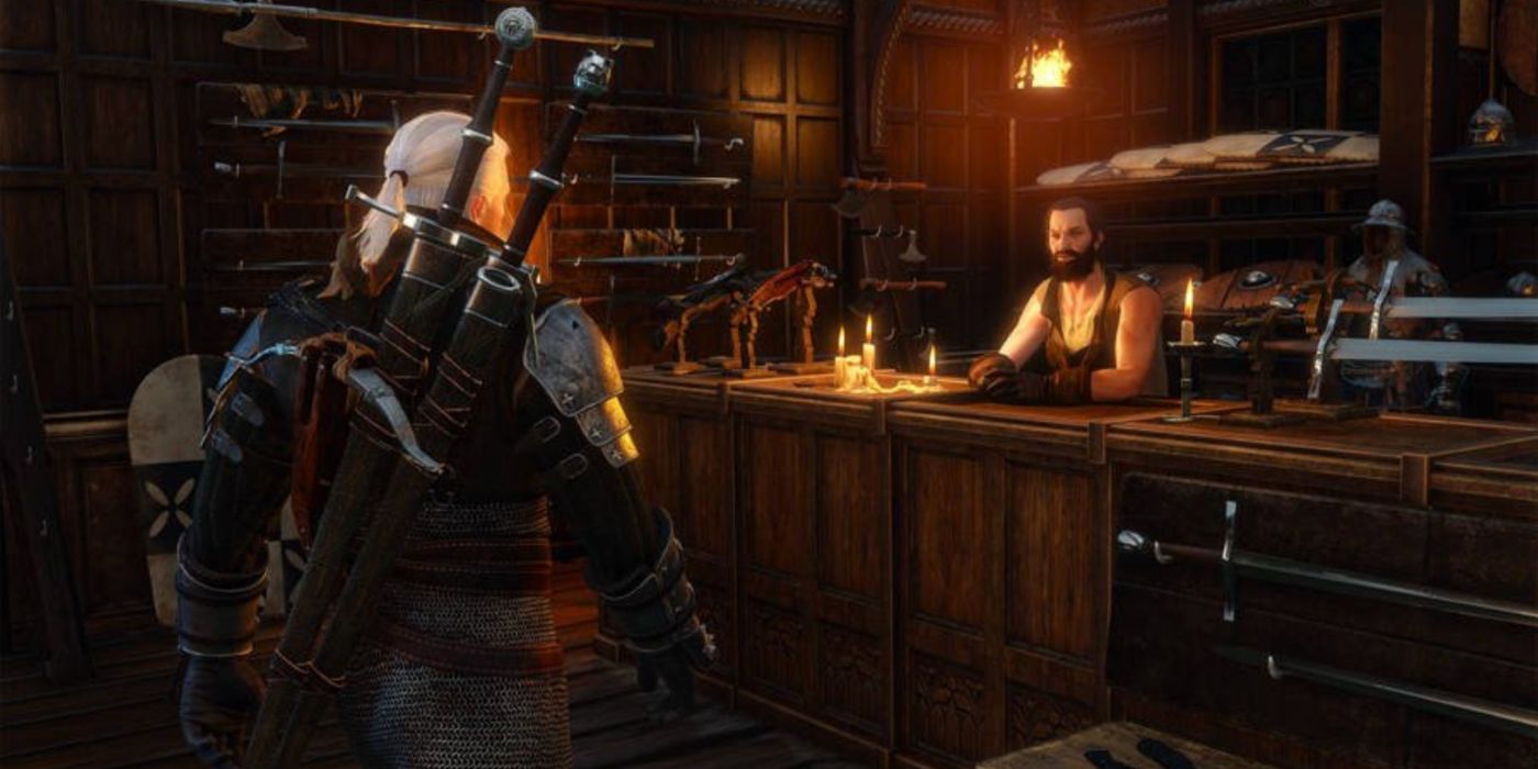 Geralt na oficina de um ferreiro em The Witcher 3.