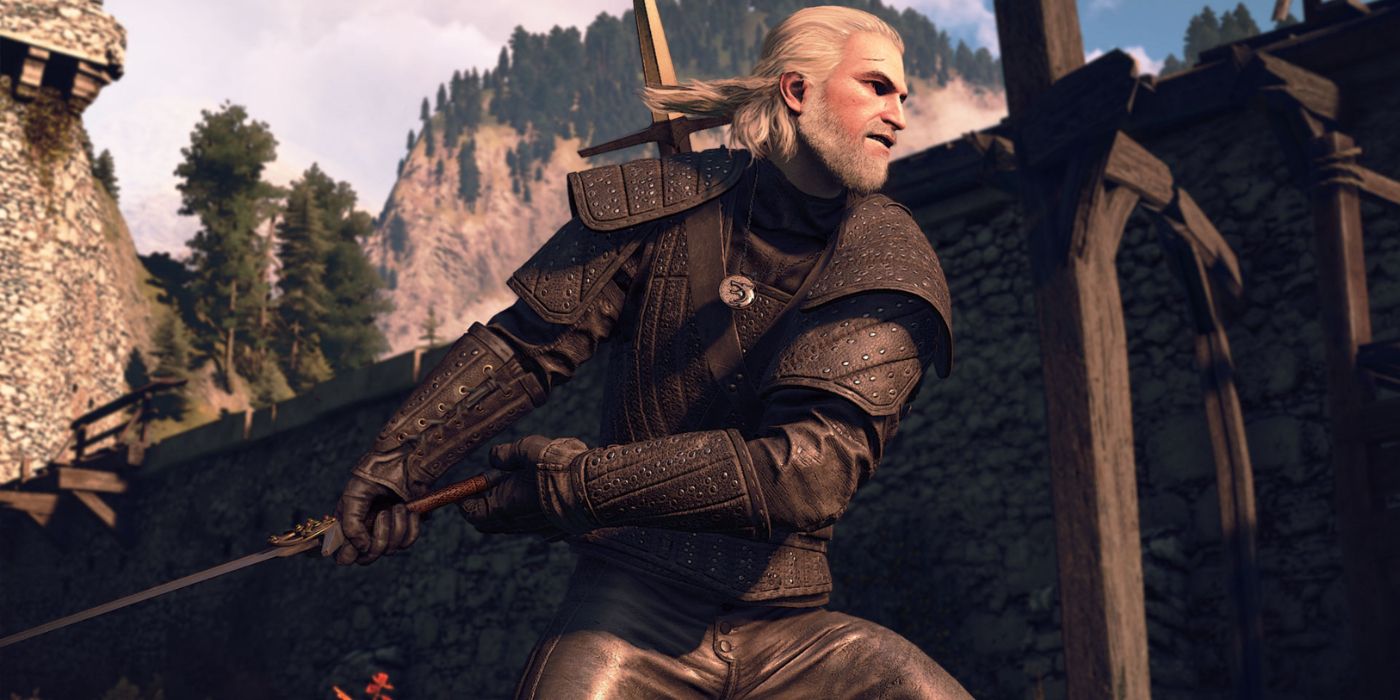 Geralt balançando sua espada enquanto usava o Forgotten Wolven Armor Set.