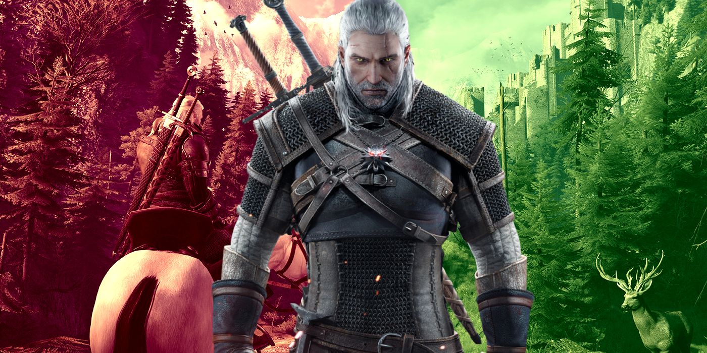 Geralt in the Witcher 3 Wild Hunt superimposed over an image of Geralt on a horse tinted red and a deer in some trees tinted green