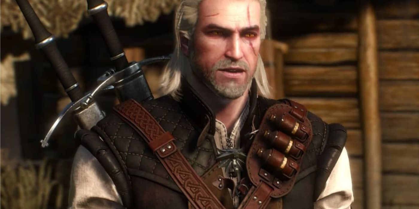 Geralt usando o conjunto de armadura Manticore em The Witcher 3.