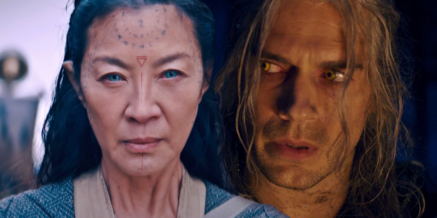 Geralt (Henry Cavill) and Scian (Michelle Yeoh) from The Witcher franchise.