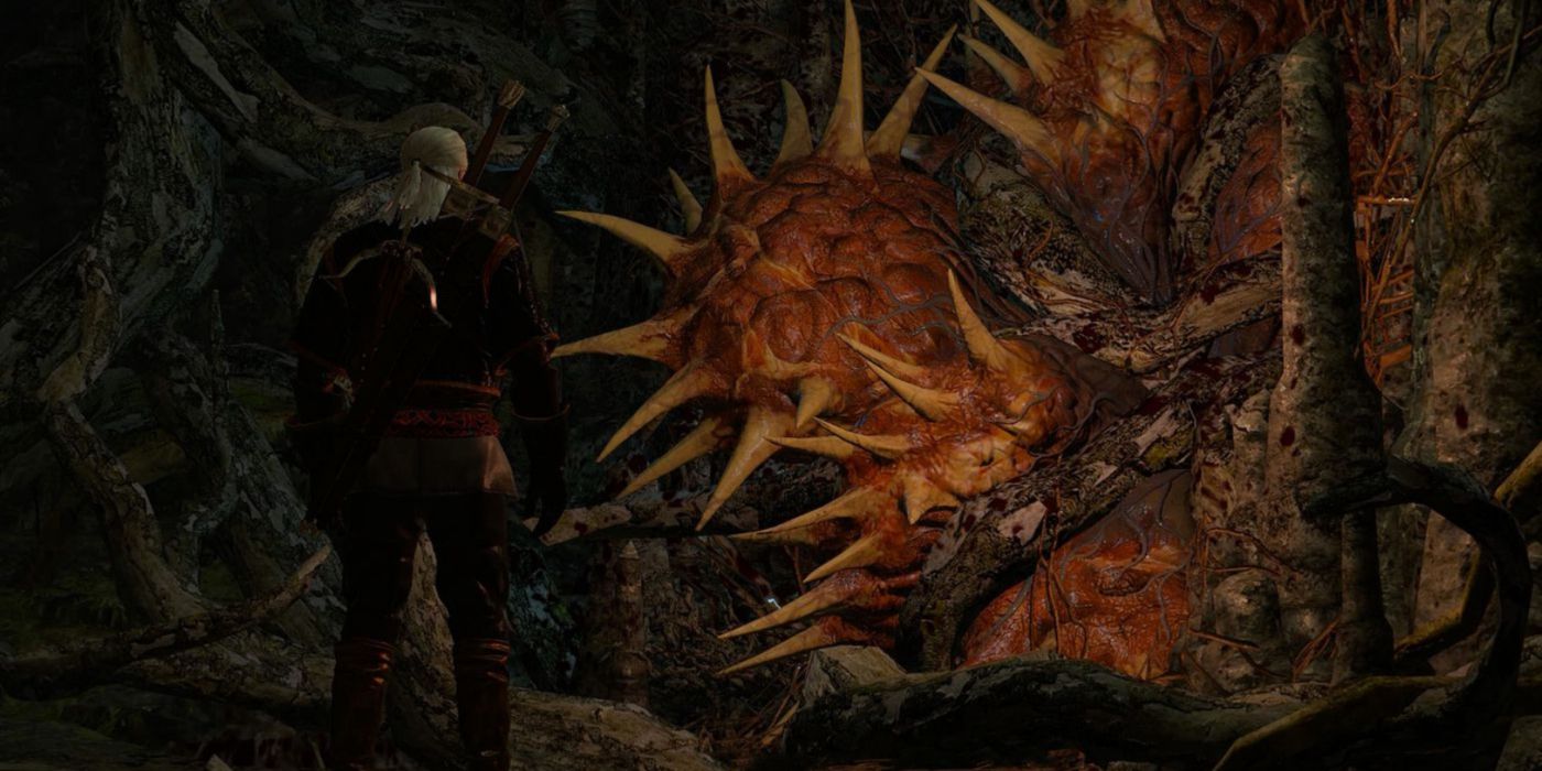 Geralt confronting the Tree Spirit in The Whispering Hillock quest.