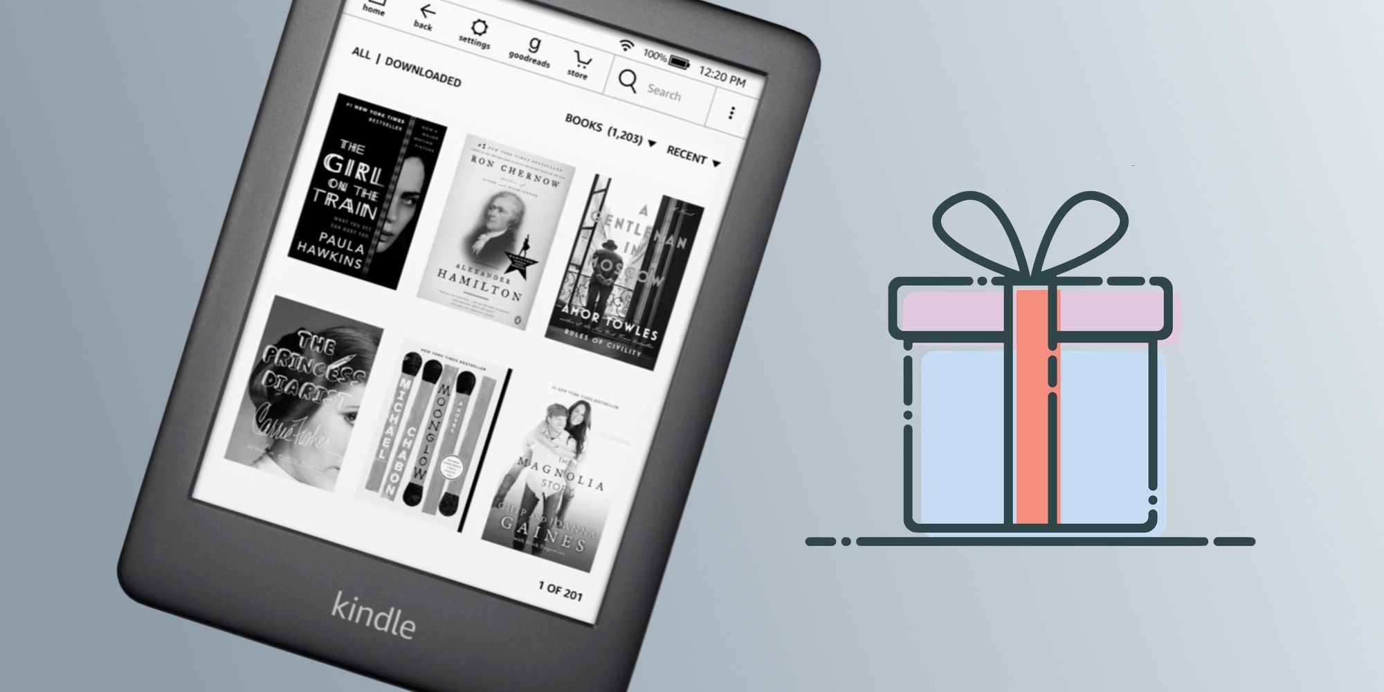 The 11th-Gen Kindle next to a vector image of a gift-wrapped box, over a gradient gray background