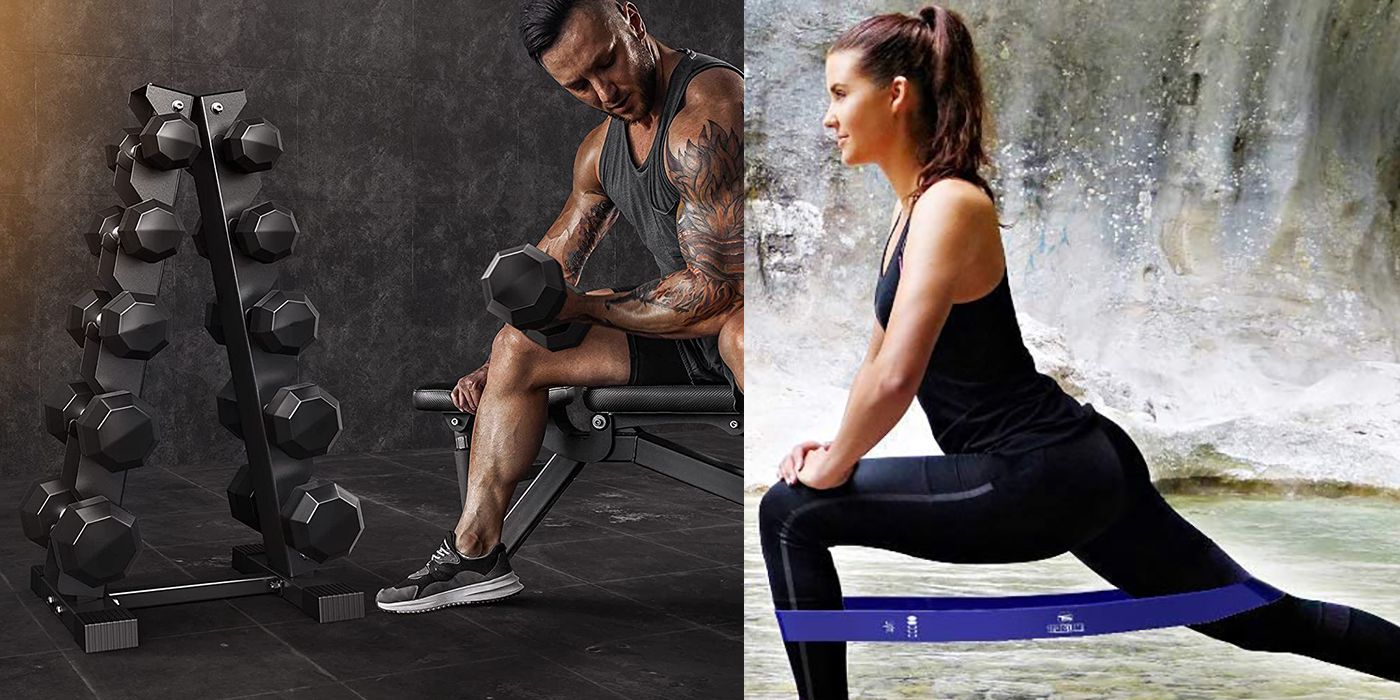 Split image of a man lifting a weight beside a dumbbell rack and a woman lunging with a resistance band.