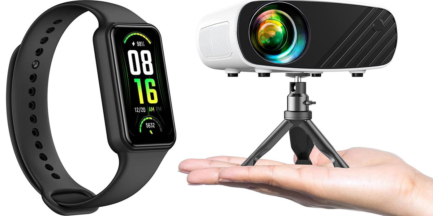 Split image of the Amazfit Band 7 and Elephas mini projector