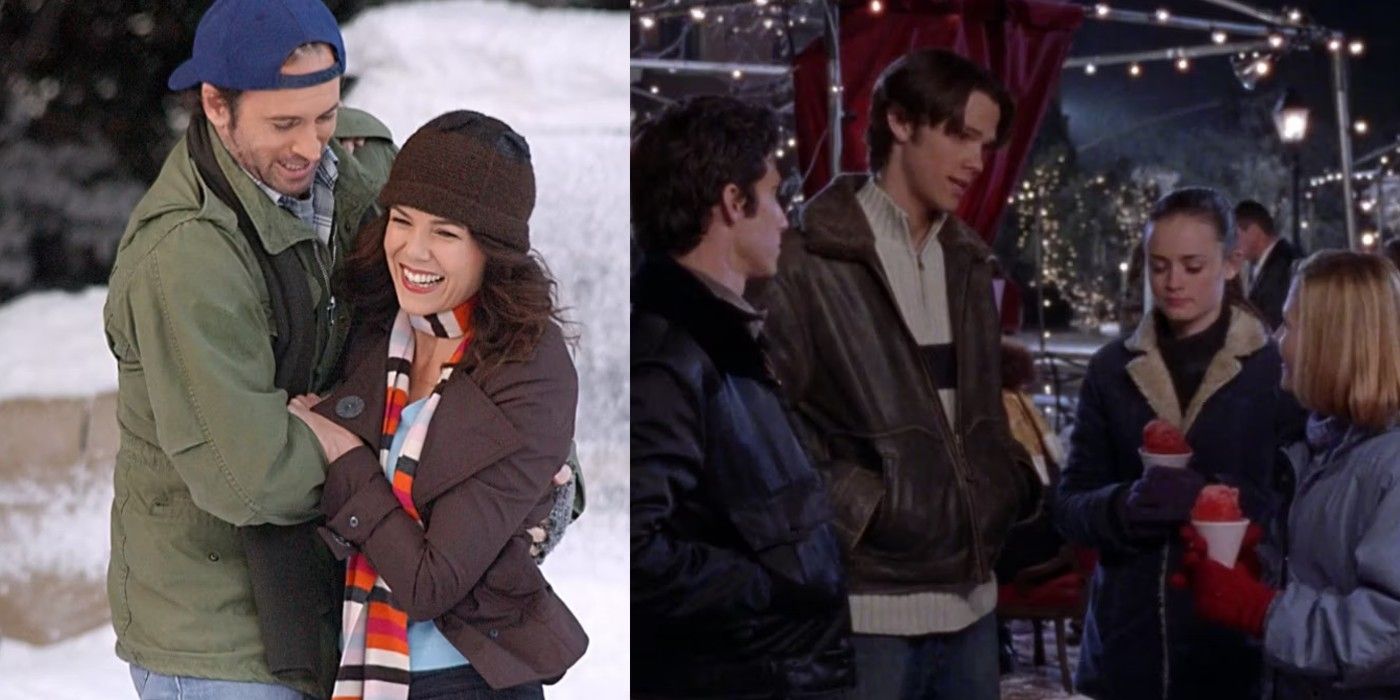 Split image of Lorelai and Luke laughing in the snow and Rory, Dean, and Jess with snow cones, all from Gilmore Girls