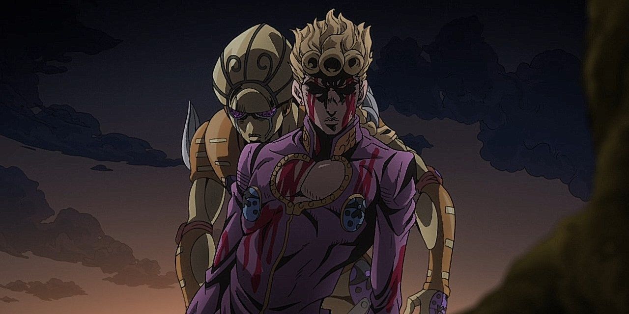 Giorno Giovanna covered in blood and looking grimly satisfied, with Gold Experience behind him, in JoJo's Bizarre Adventure.