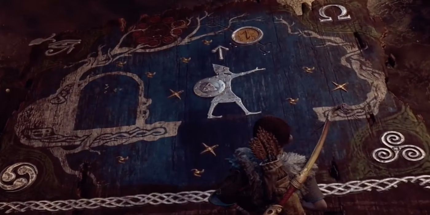 O mural da profecia de Tyr's Vault no God of War de 2018 retratando diferentes mitologias: nórdica, grega, celta, japonesa e egípcia.