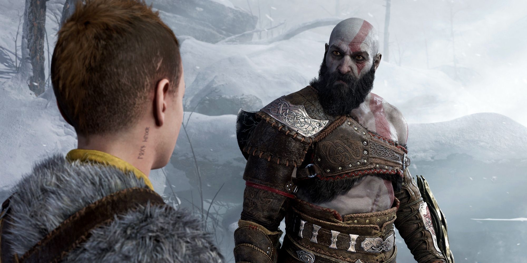 Imagem de Kratos olhando impacientemente para Atreus.