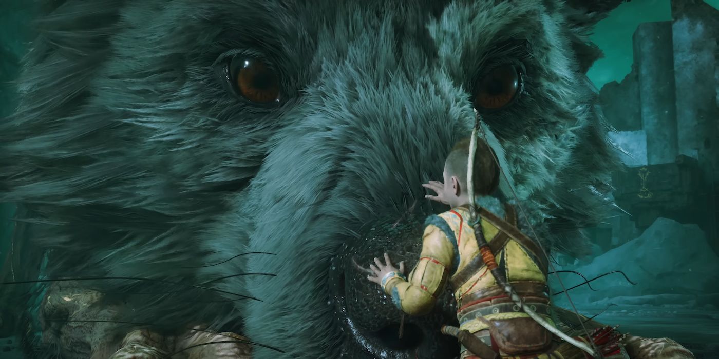 Atreus acaricia o enorme lobo Fenrir em God of War Ragnarok