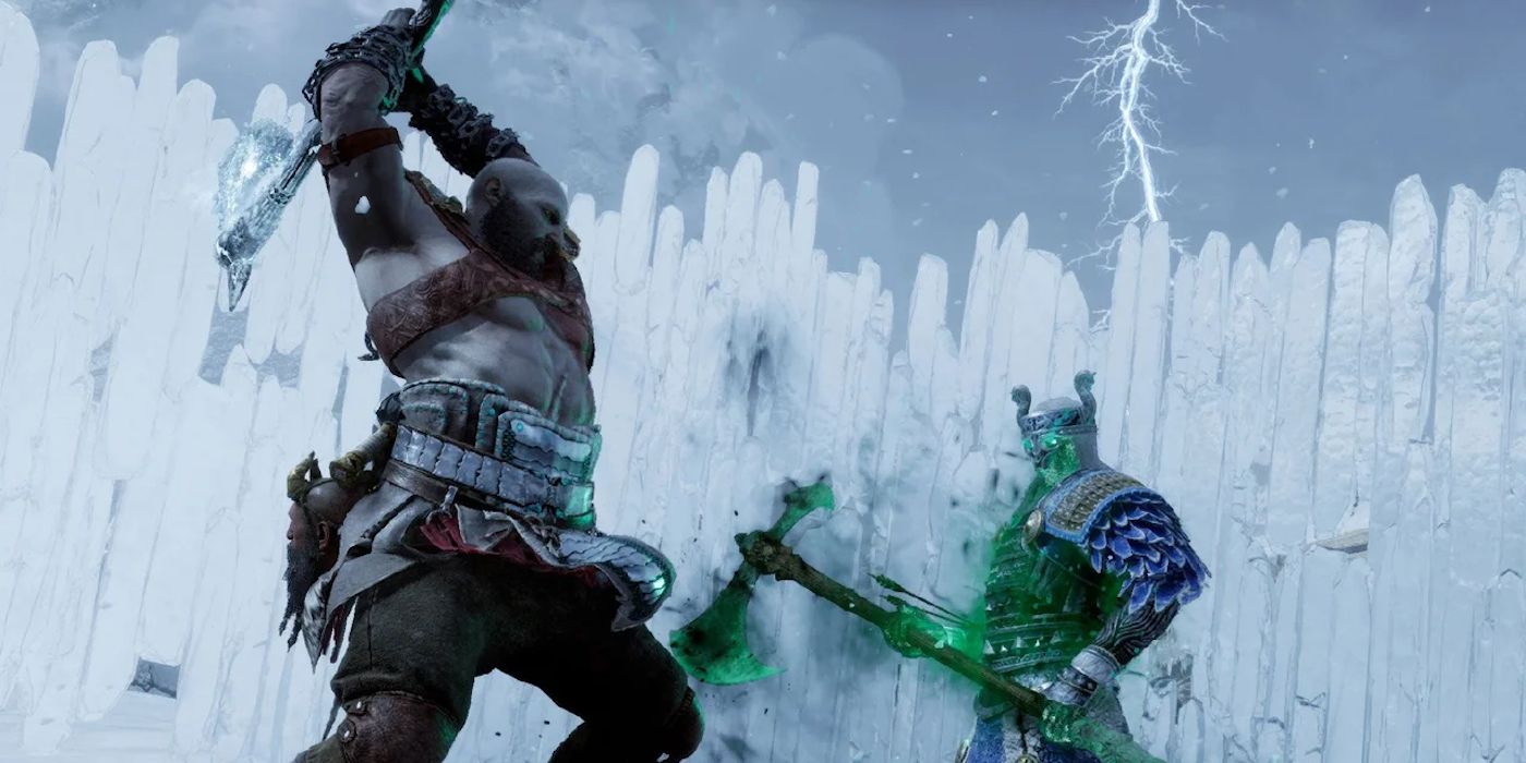 Kratos jumps on a berserker with the Leviathan ax in God of War Ragnarok