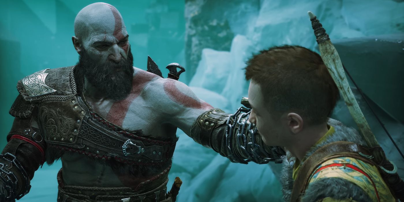 Kratos e Atreus compartilham um momento no reino congelado de Helheim em God of War Ragnarok
