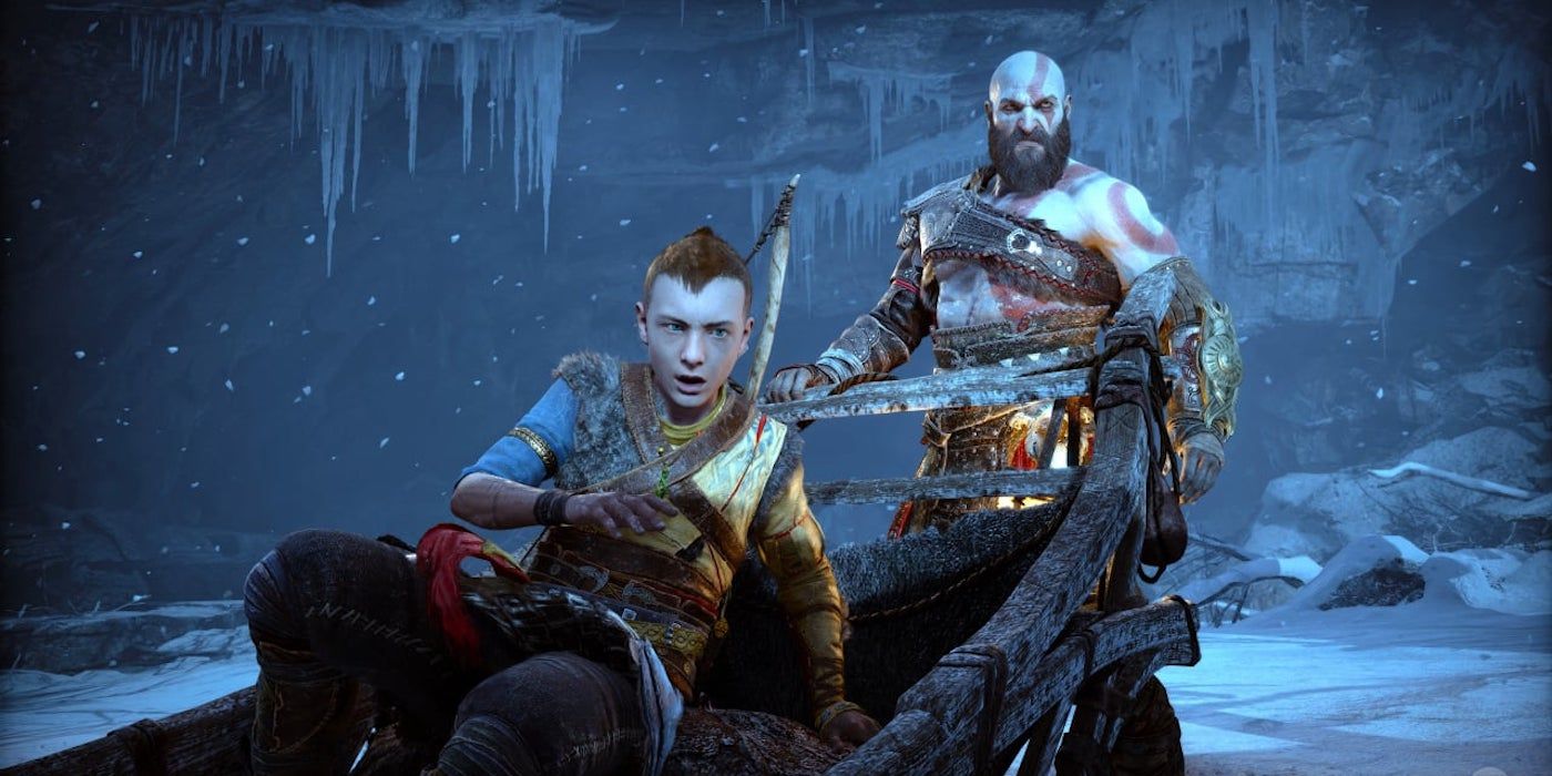 Kratos and Atreus on a sleigh in God of War Ragnarok