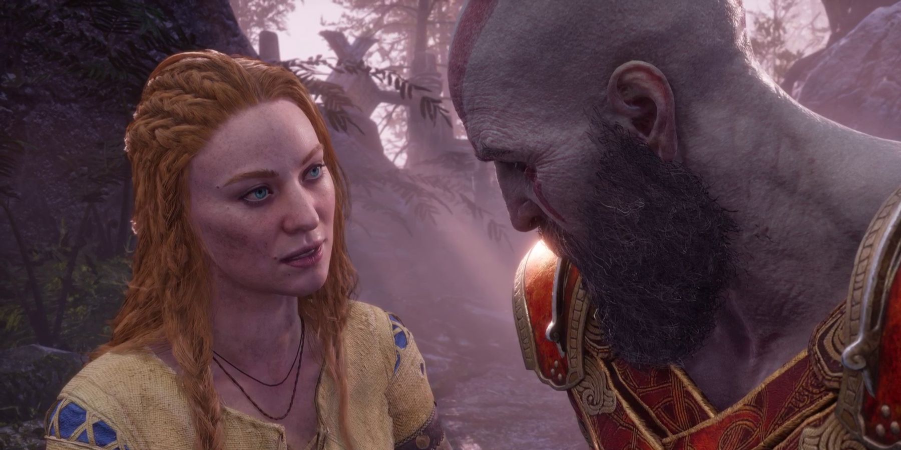 Kratos and his late wife, Faye, conversing in God of War Ragnarok.