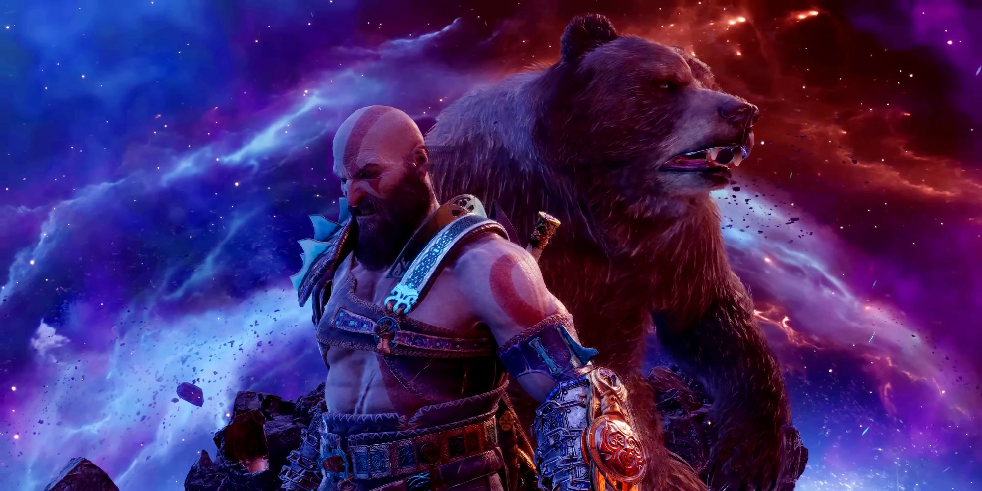 Kratos naast Atreus in zijn berenvorm in het Spark of the World-gebied van God of War Ragnarok.