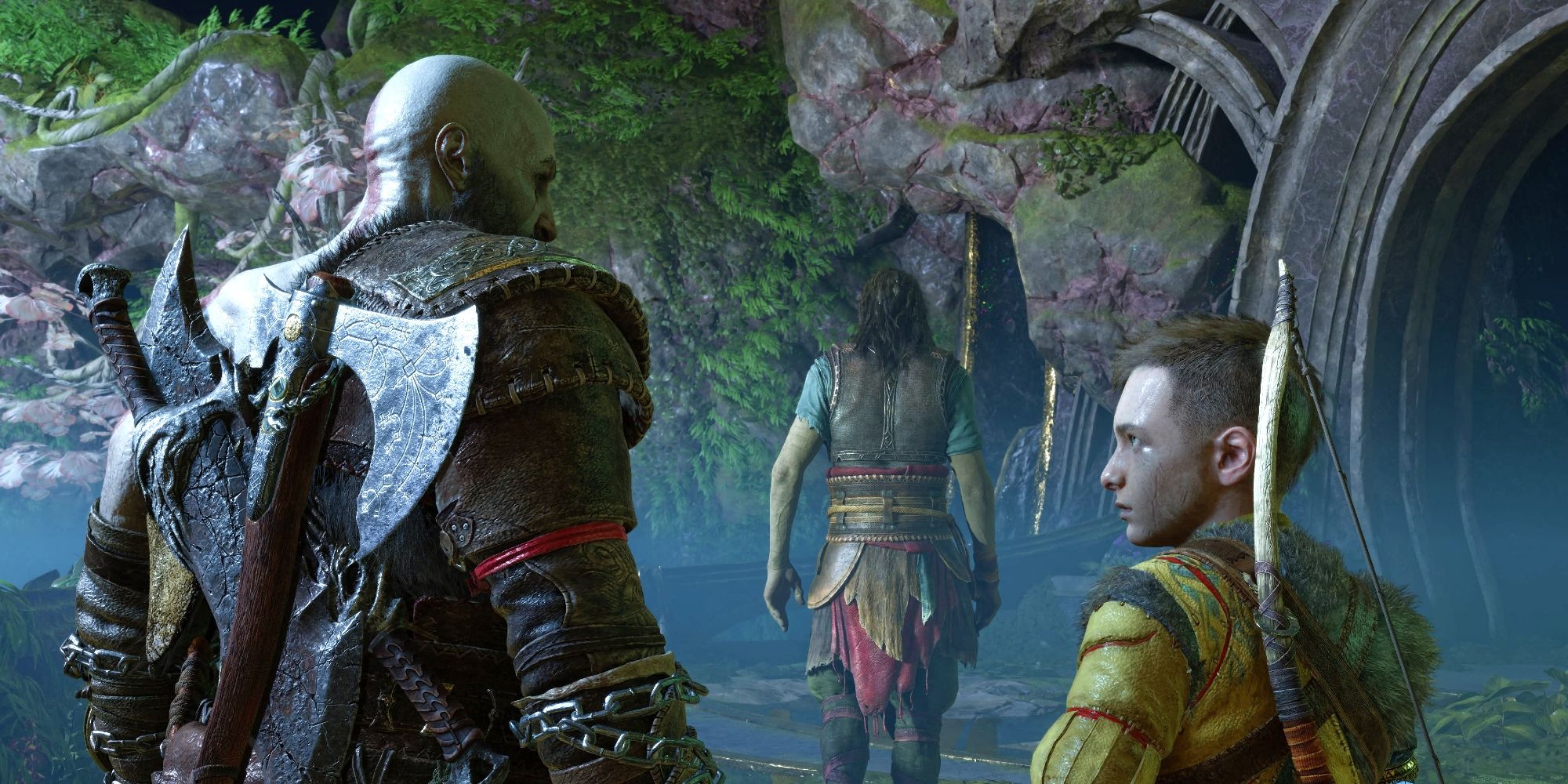 Image of Kratos and Atreus talking privately behind Tyr's back.