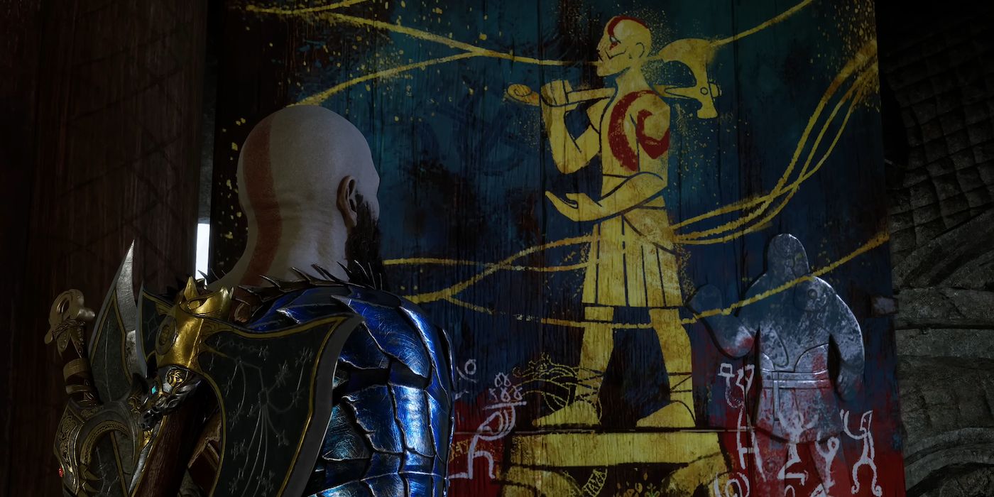 Um mural do final de God of War Ragnarok retratando Kratos como um deus dourado benevolente