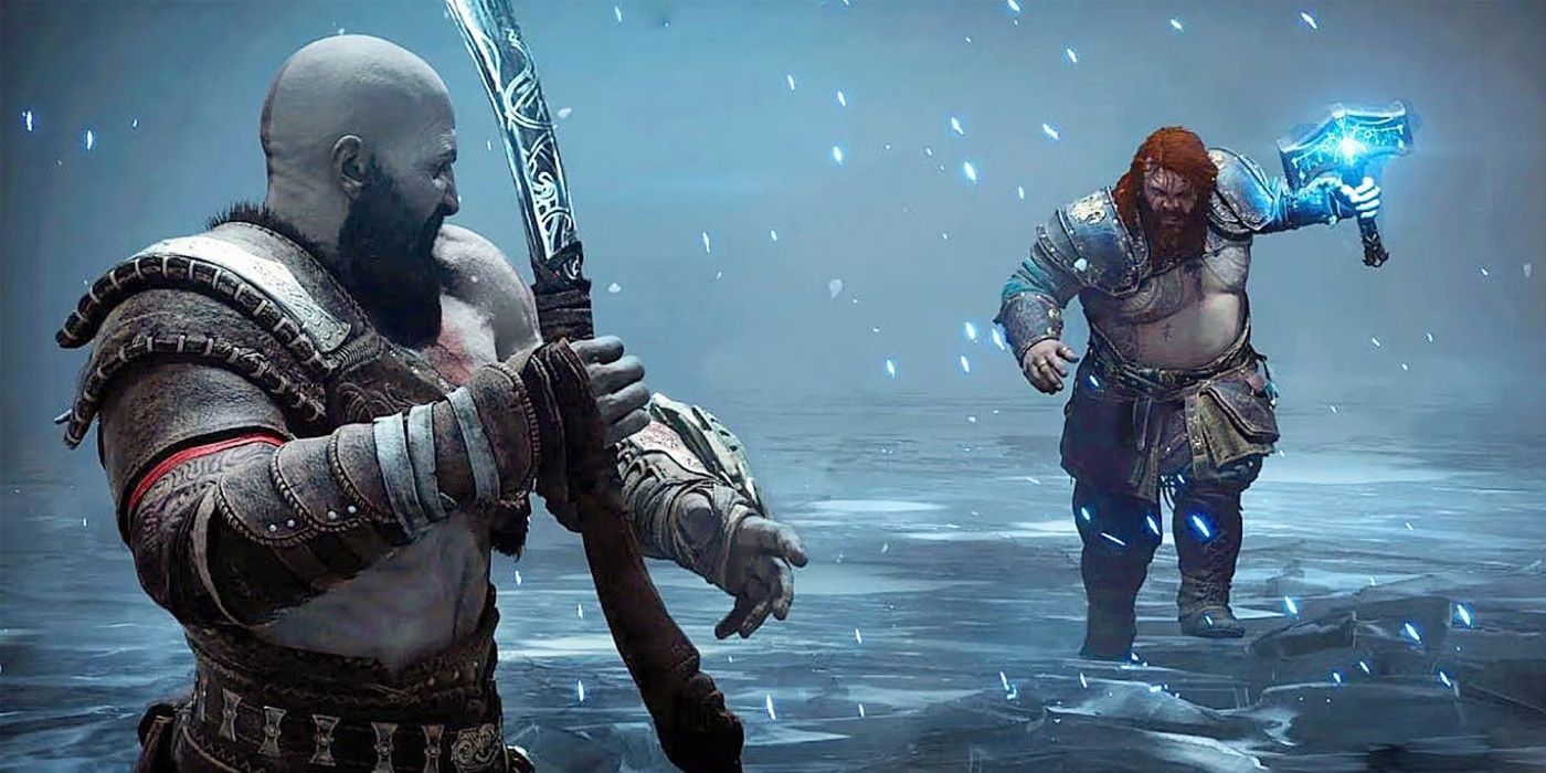 A screenshot of Kratos and Thor fighting in Midgard in God Of War Ragnarok.