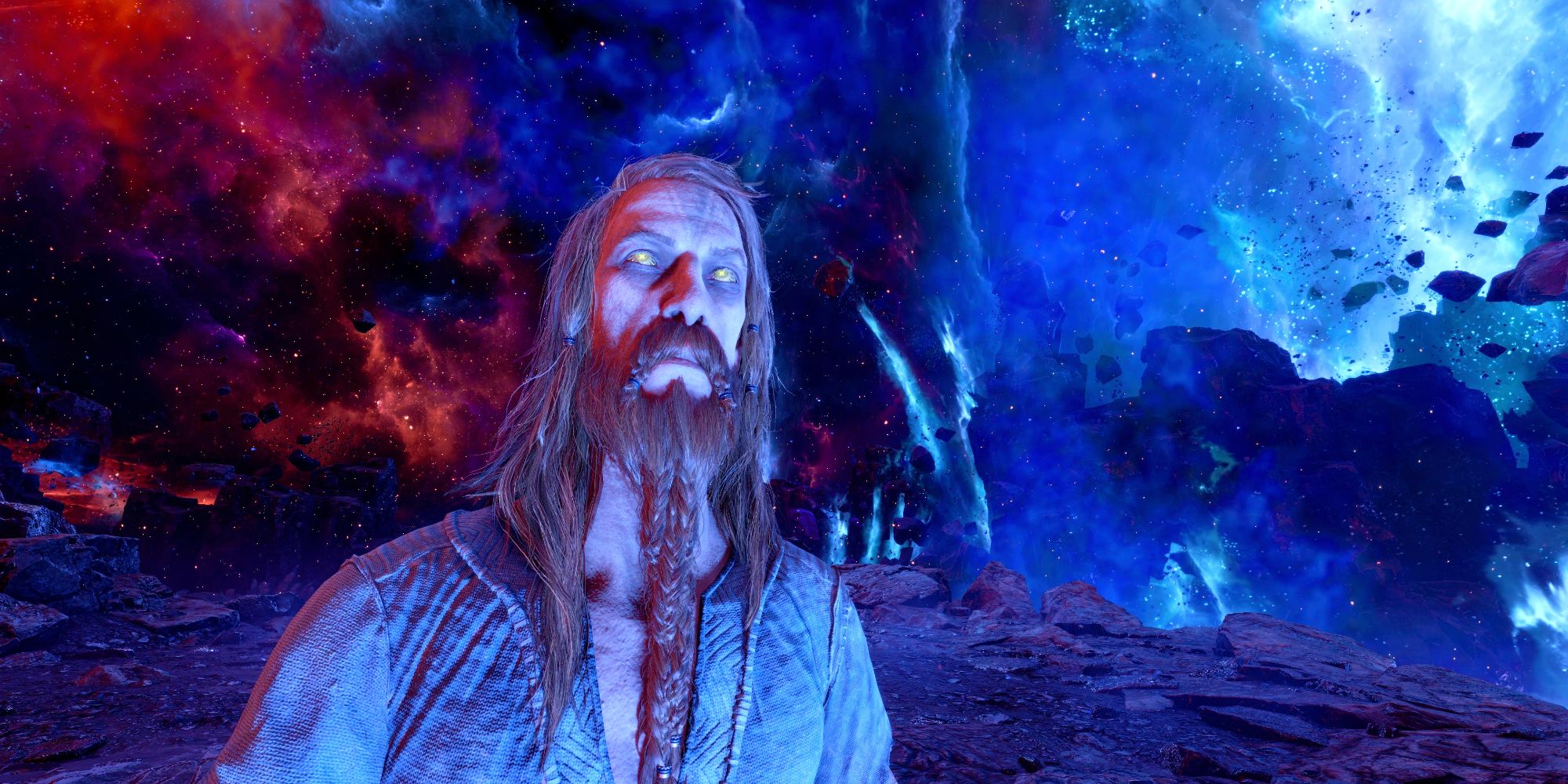 Tyr van God of War Ragnarok mediteert in Muspelheims Spark of the World terwijl de kosmos achter hem wervelt.