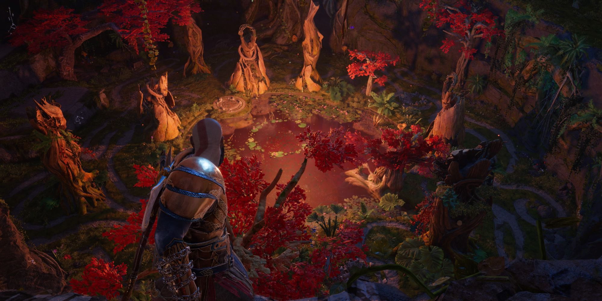 Kratos looks down at the wishing well in God of War Ragnarok.
