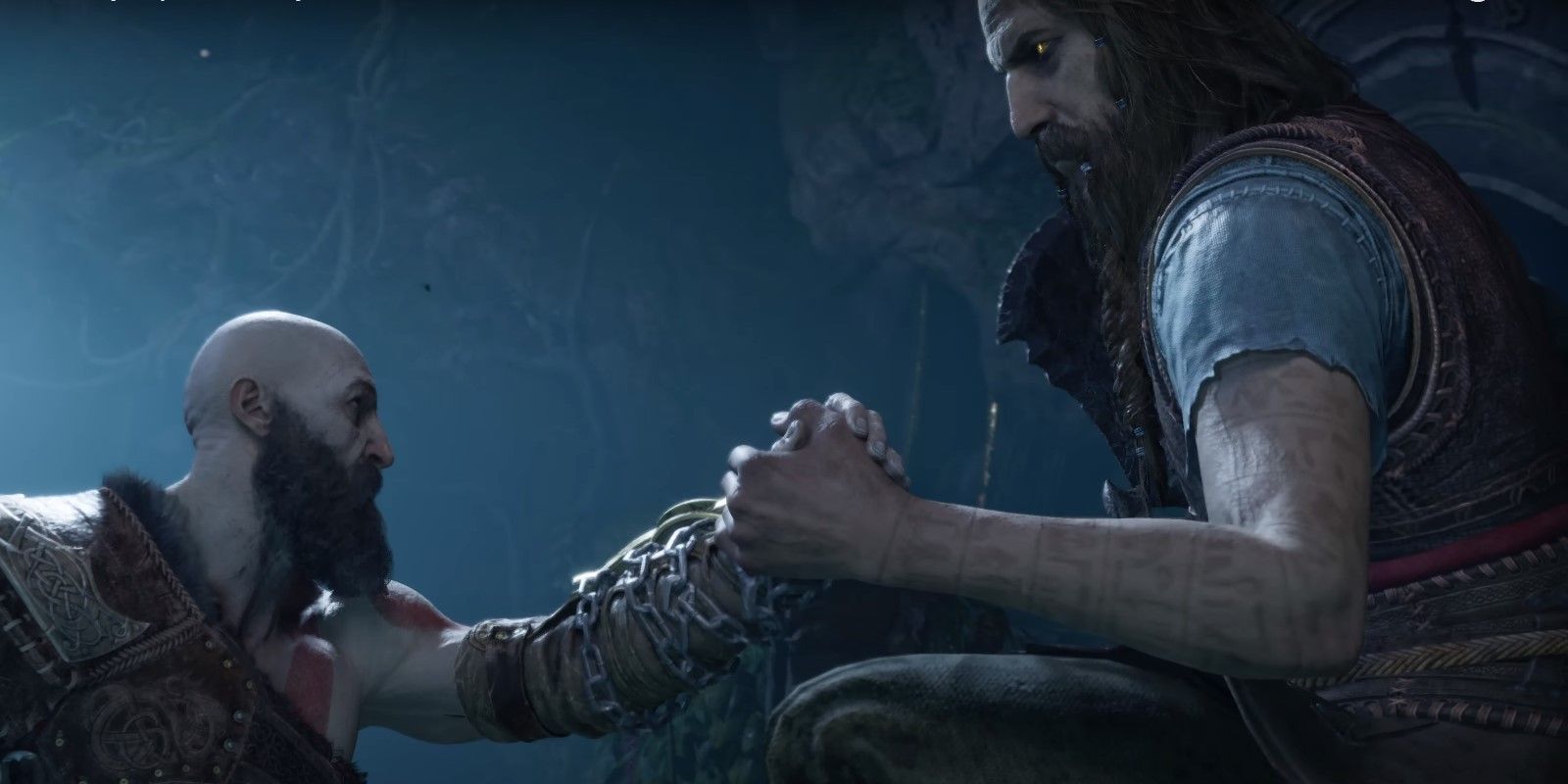 Tyr and Kratos shake hands in God of War Ragnarok