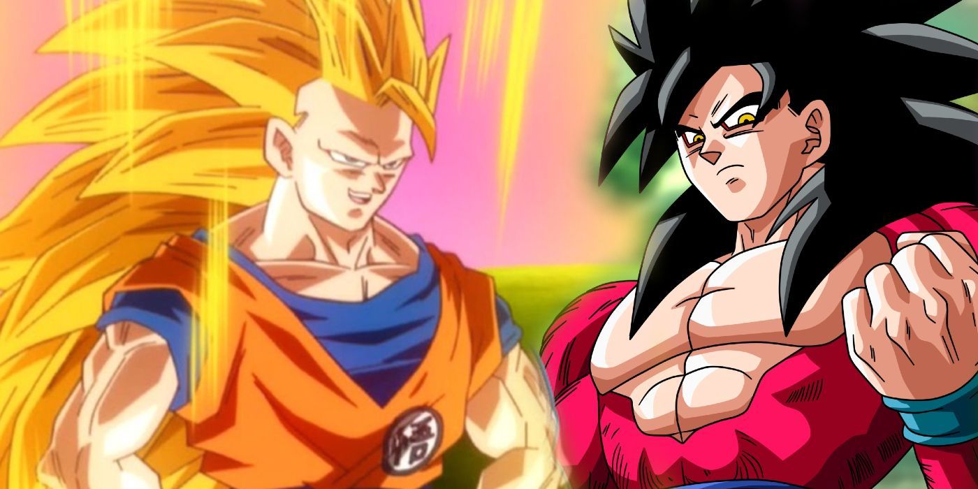 Goku in Super Saiyan 4 and Super Saiyan 4 forms.