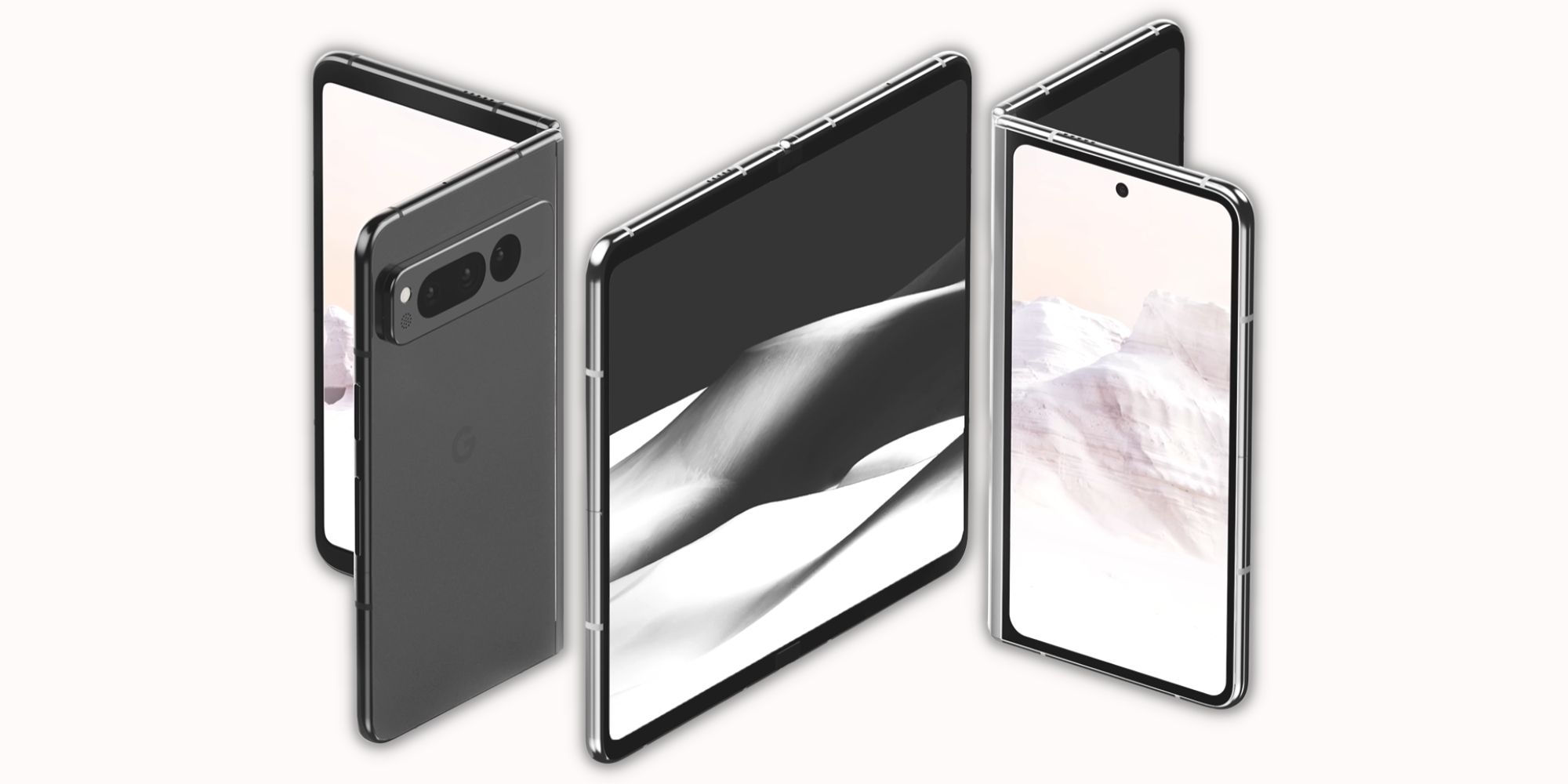 Leaked renders of the Google Pixel Fold showing the phone closed, open, and inward folded