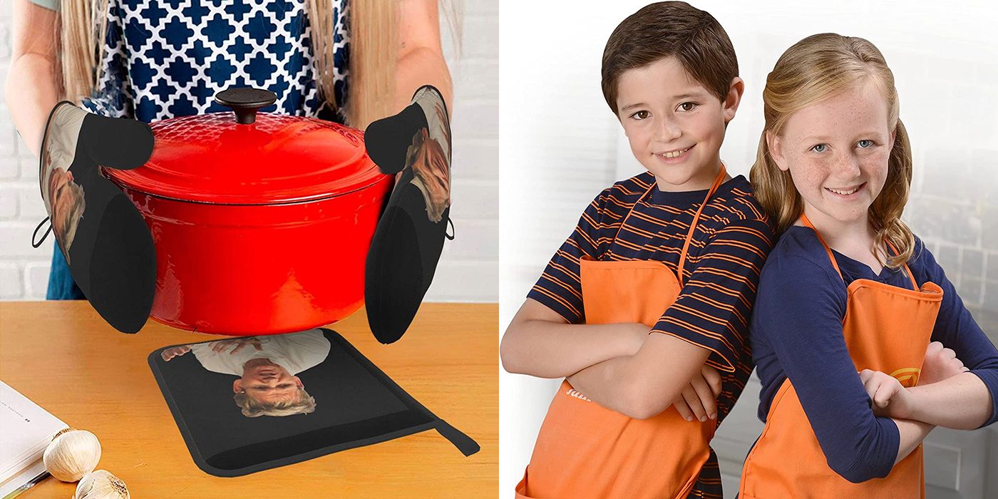 Split image of Gordon Ramsay oven mitts and potholder and two kids wearing orange MasterChef aprons.