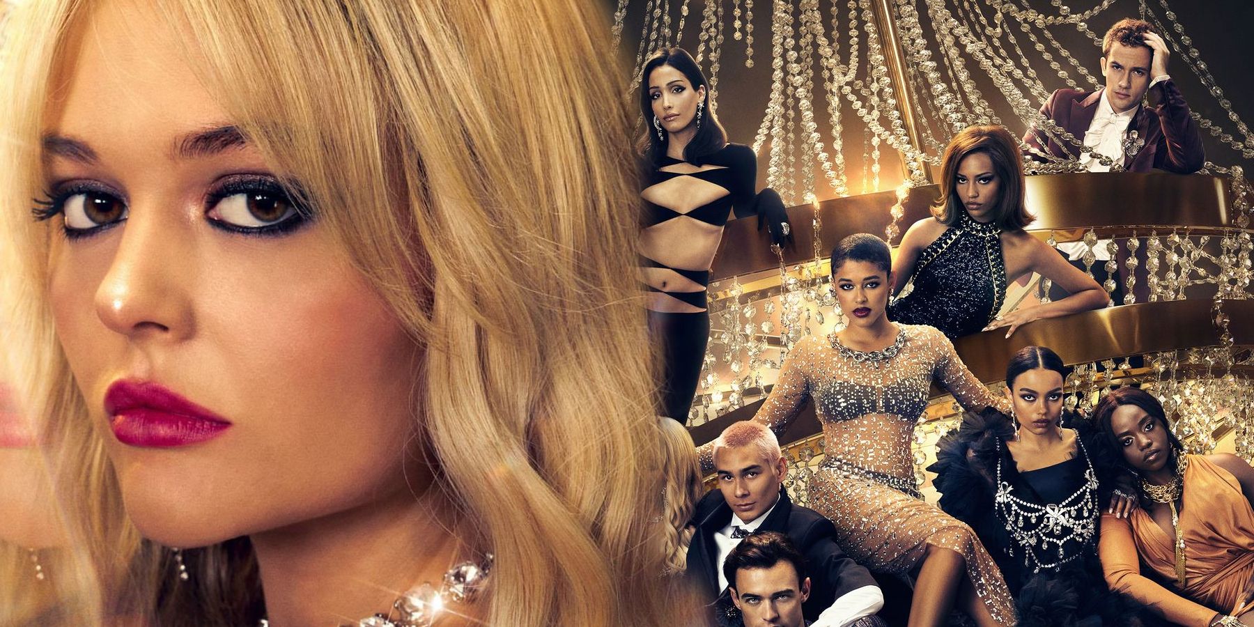 Split image: Emily Alyn Lind poses on a poster for Gossip Girl, the Gossip Girl Season 2 cast sits together on poster