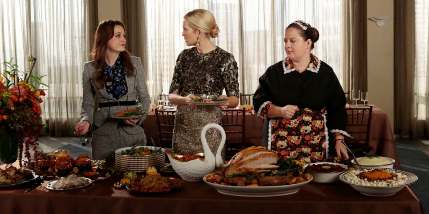 Blair, Lily and Dorota standing at the Thanksgiving table on Gossip Girl