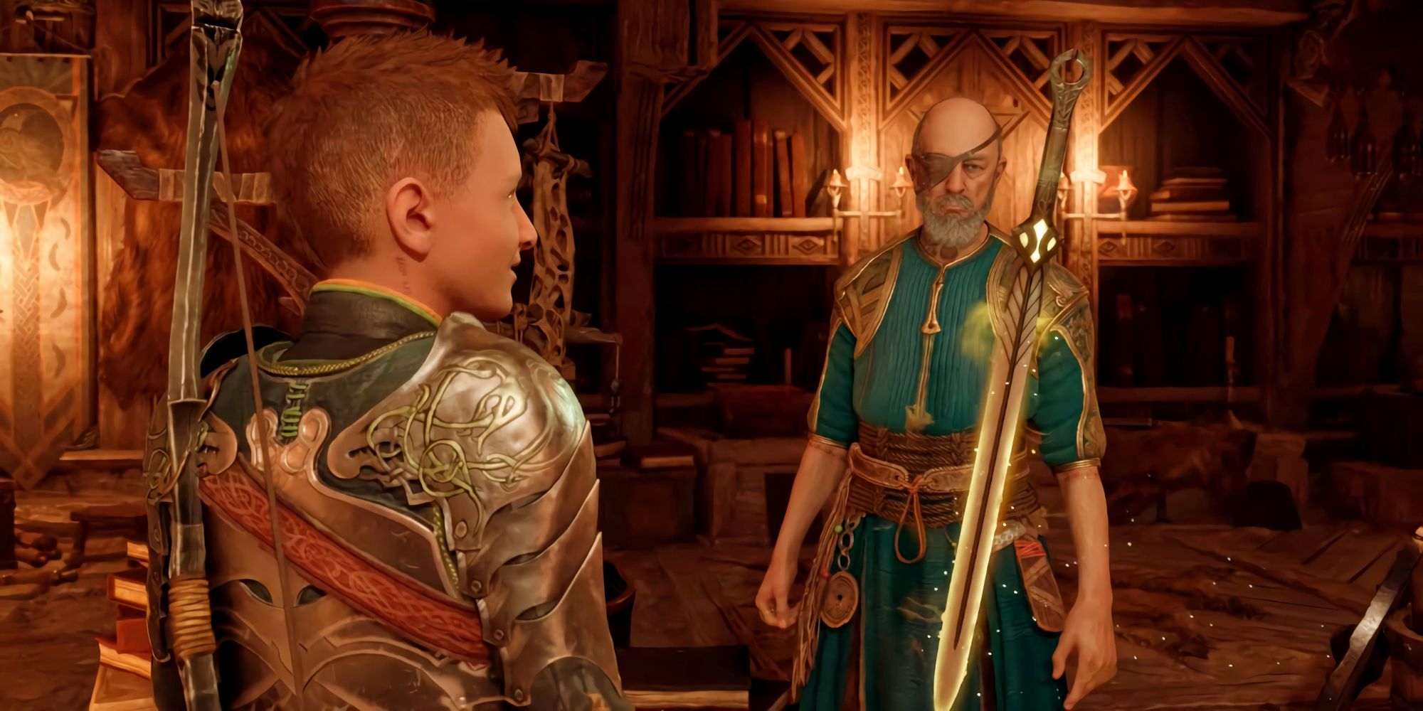 Atreus e Odin olhando para Ingrid, a espada senciente de Freyr.