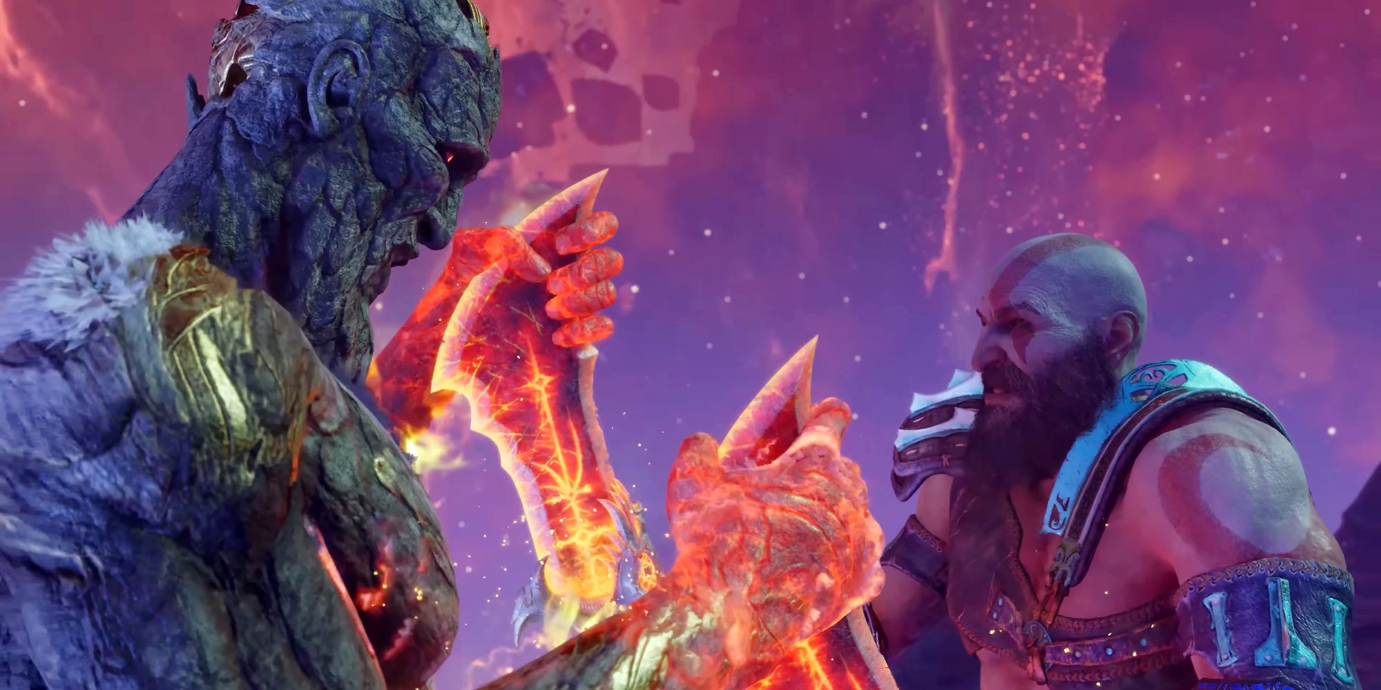 Surtr gripping the Blades of Chaos, with Kratos holding the handles.