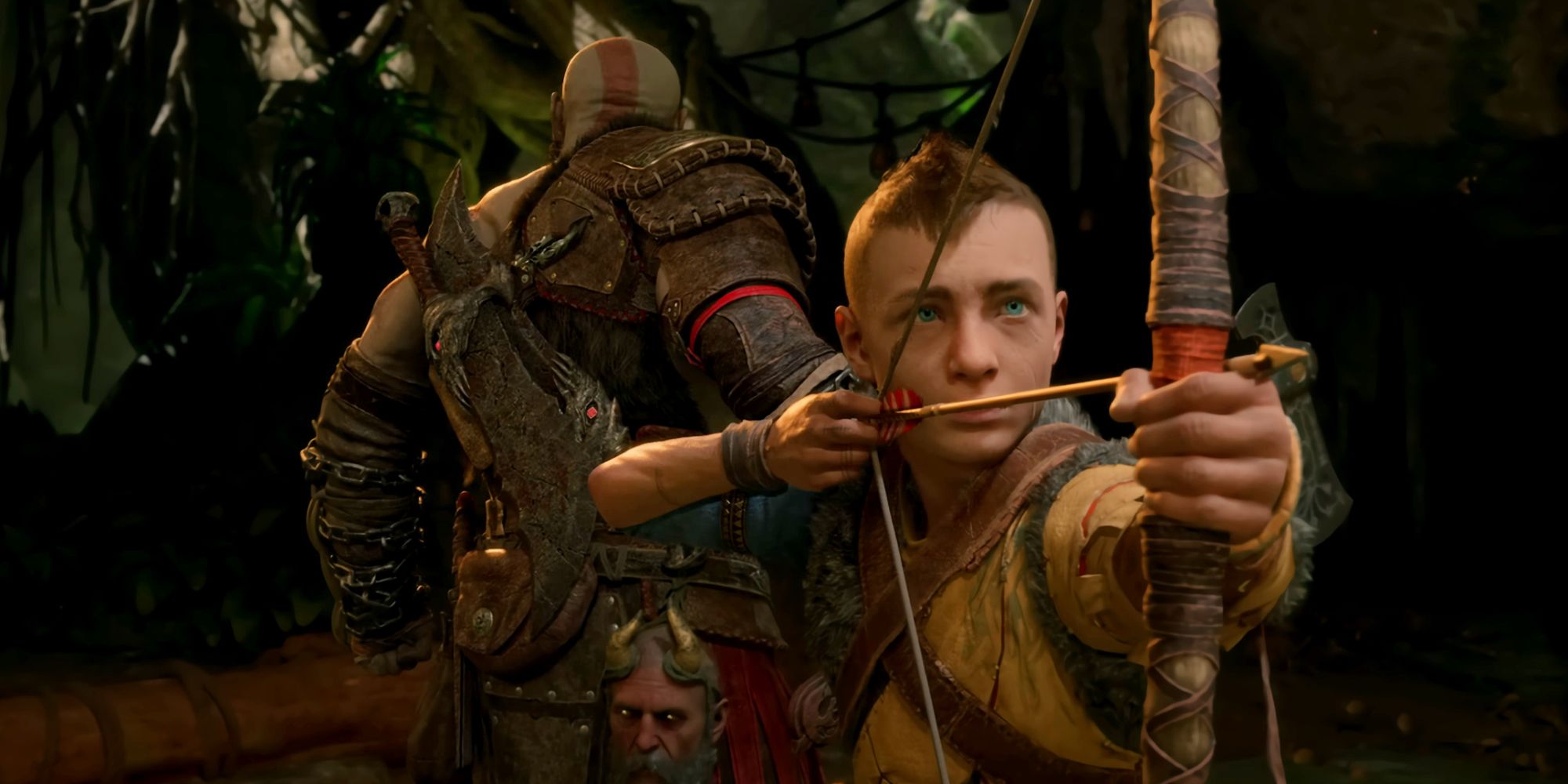 Atreus drawing an arrow with the Talon Bow in God of War Ragnarok.