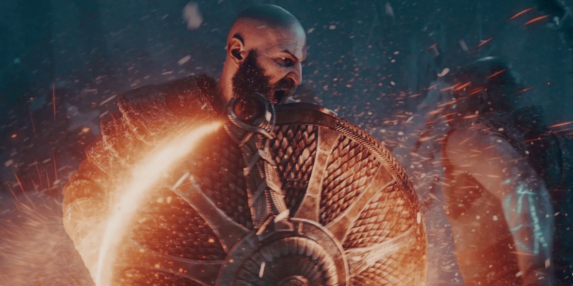 An open mouthed and bearded Kratos is seen holding a glowing shield that is shooting sparks out of it's sides while an enemy approaches him.