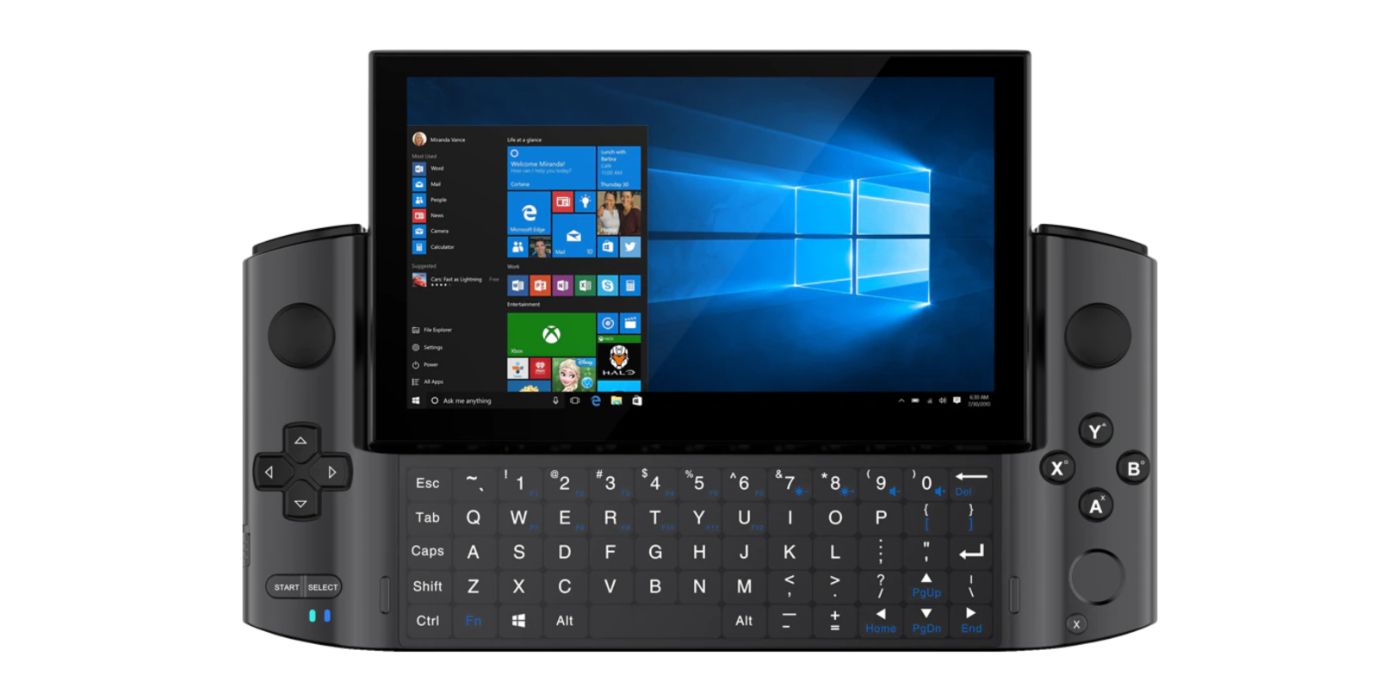 Promo image of the GPD Win 3 running on Windows and showing the slide-out keyboard.